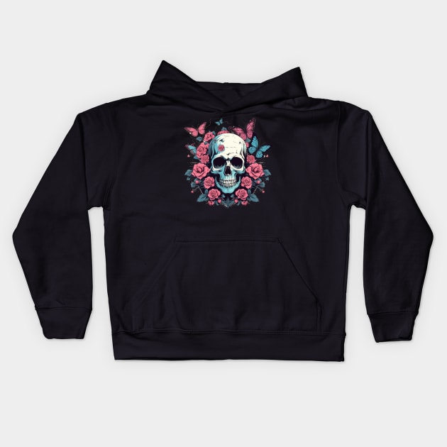 Skull with Flower Roses and Butterflies Kids Hoodie by TOKEBI